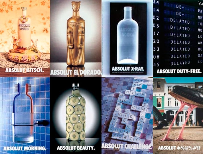 La imagen muestra diferentes versiones de la botella de Absolut Vodka para sus campañas publicitarias.