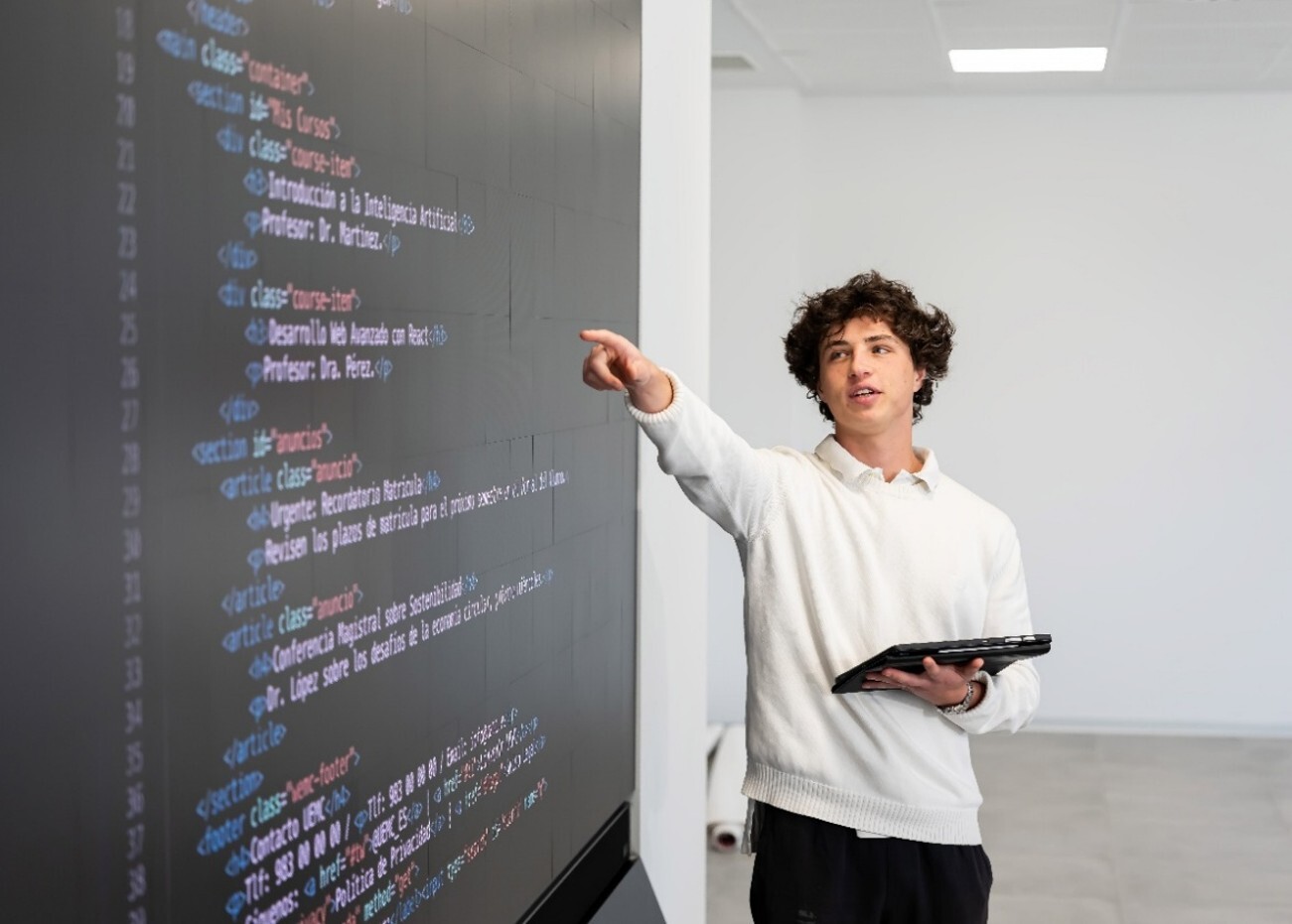 Estudiante de Informática de la UEMC durante una clase práctica señala un código en la pantalla