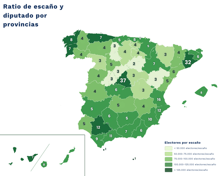 Infografía de elaboración propia en el que se representa, sobre un mapa de las provincias de España el ratio de escaños.