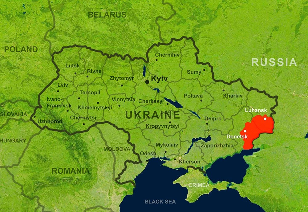 Mapa de Ucrania con el Donbás de color rojo.