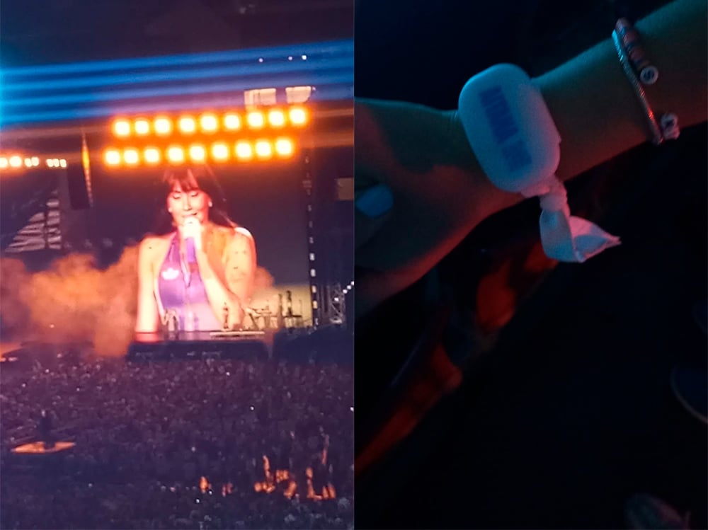 Composición de dos imágenes del concierto de Aitana: en la izquierda, la cantante sobre el escenario proyectada en pantalla gigante; en la derecha, una pulsera luminosa con su nombre en la muñeca de una fan.