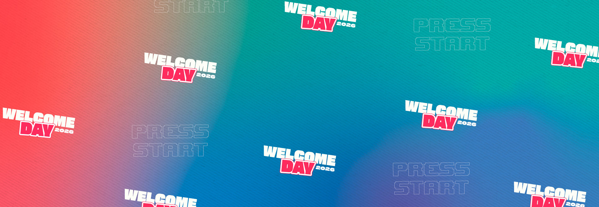 Logos del Welcome Day sobre degradado rojo al azul.