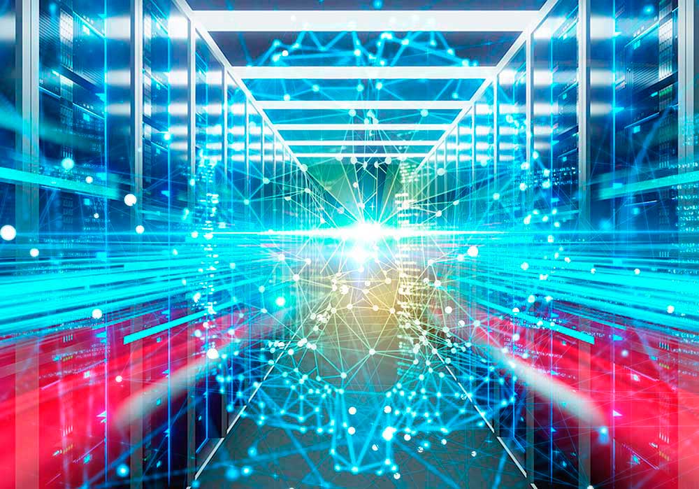 La imagen muestra una luz intermitente de colores a través del túnel del servidor de datos como representación de la inteligencia artificial.