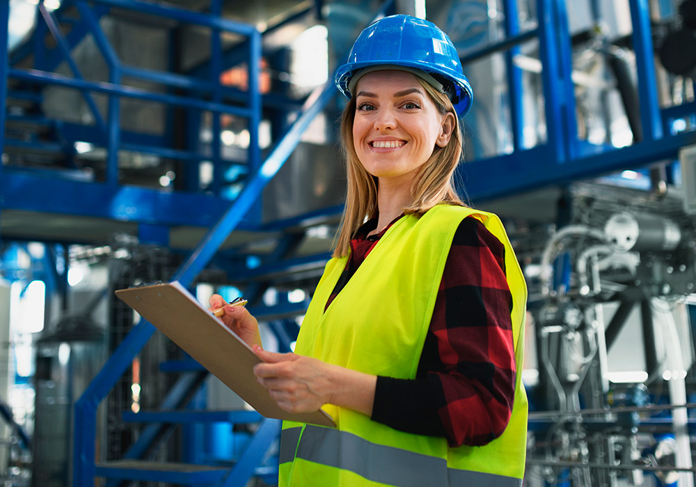 Una mujer ingeniera con casco azul mira a la cámara dentro de una fábrica.